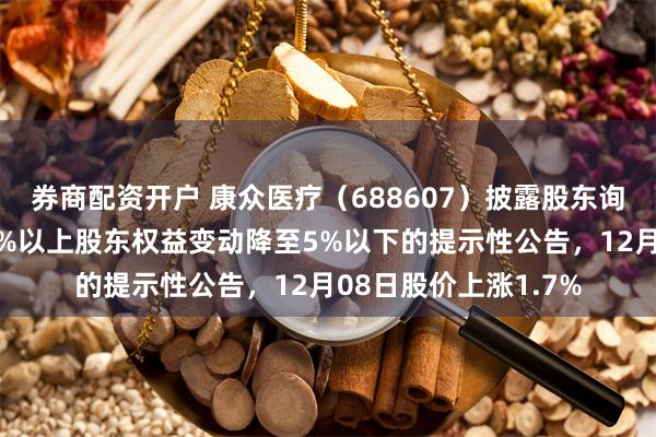 券商配资开户 康众医疗(688607)披露股东询价转让结果暨持股5%以上股东权益变动降至5%以下的提示性公告,12月08日股价上涨1.7%